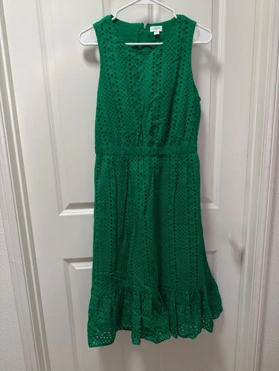 J. Crew Green Eyelet Sleeveless Midi Dress with Ruffle Hem - Picture 2 of 4